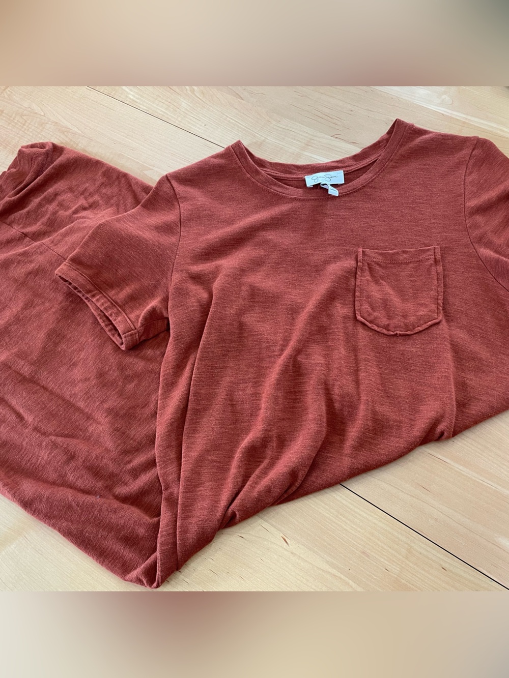 Women’s Short Sleeve Pocket Tshirt dress- Rust Red